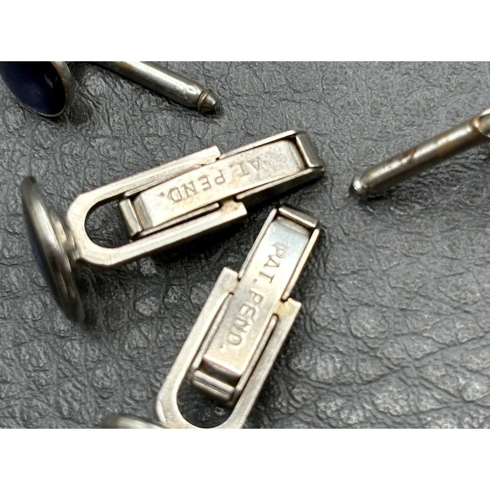 Vintage Silver Tone Moonglow Blue Cabochon Cufflinks Studs Cuff Button Set